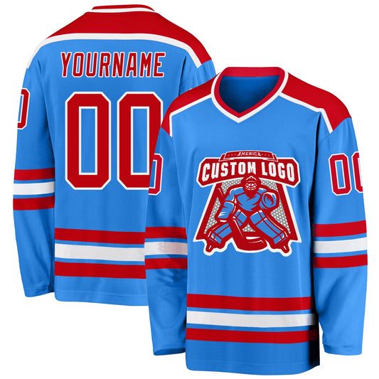 Custom Powder Blue Red-White Hockey Jersey - Main View