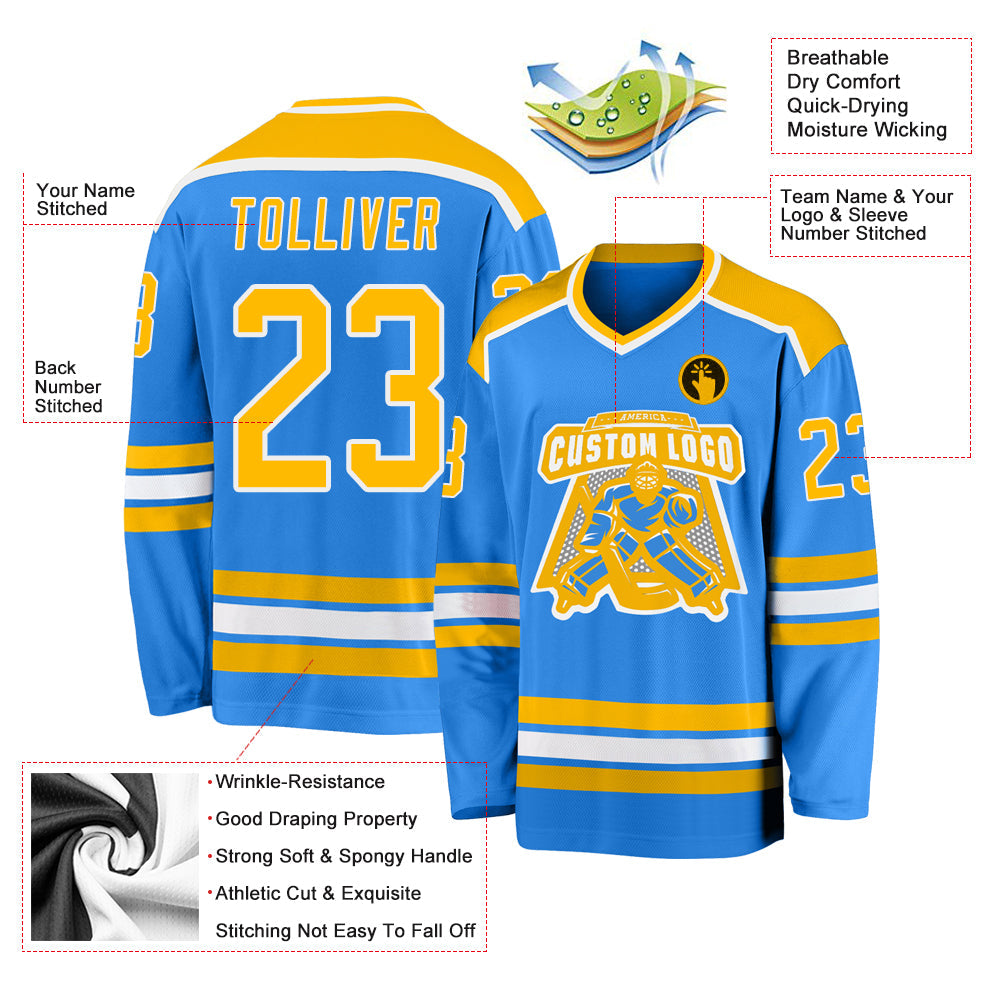 Custom Powder Blue Gold-White Hockey Jersey view 3