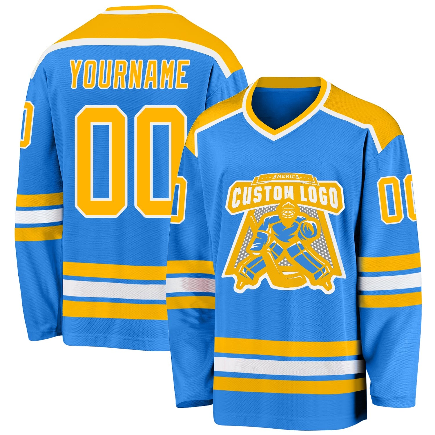Custom Powder Blue Gold-White Hockey Jersey - Main View