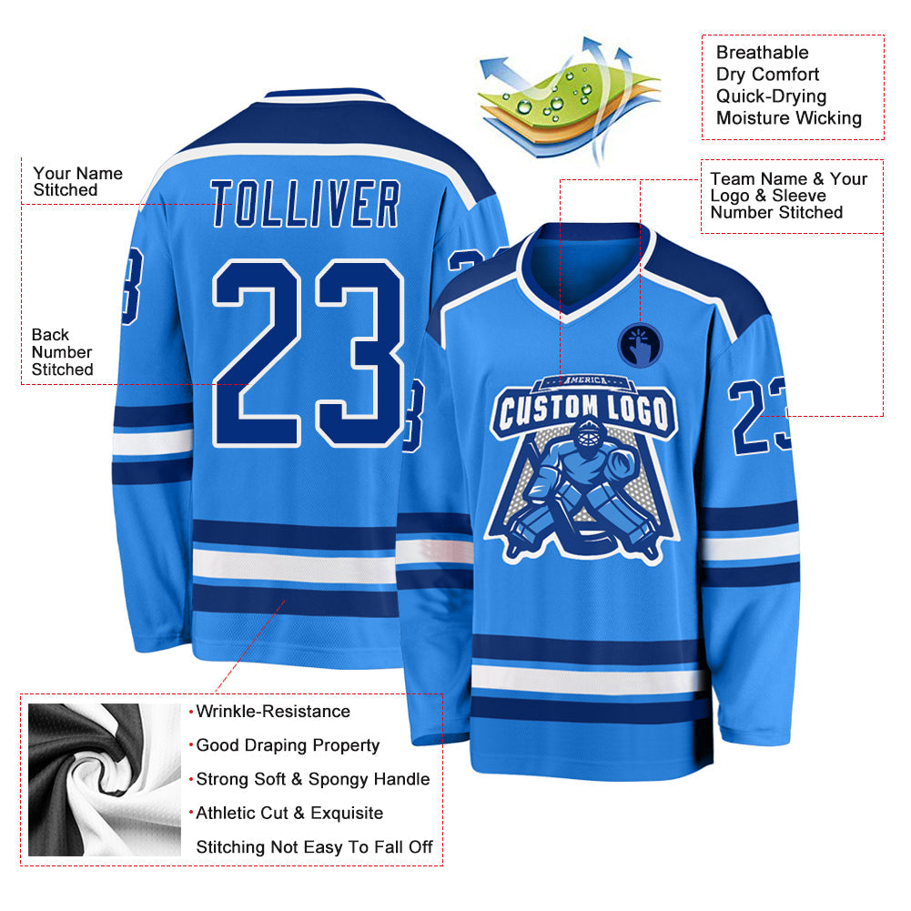 Custom Powder Blue Royal-White Hockey Jersey view 3
