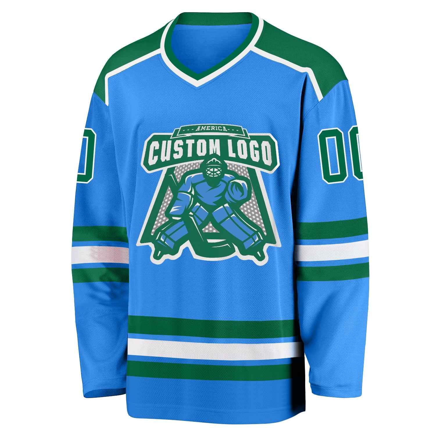 Custom Powder Blue Kelly Green-White Hockey Jersey view 2