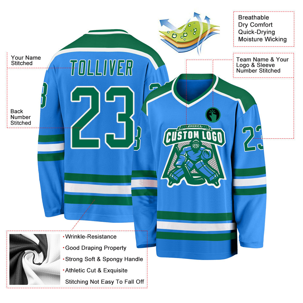 Custom Powder Blue Kelly Green-White Hockey Jersey view 3