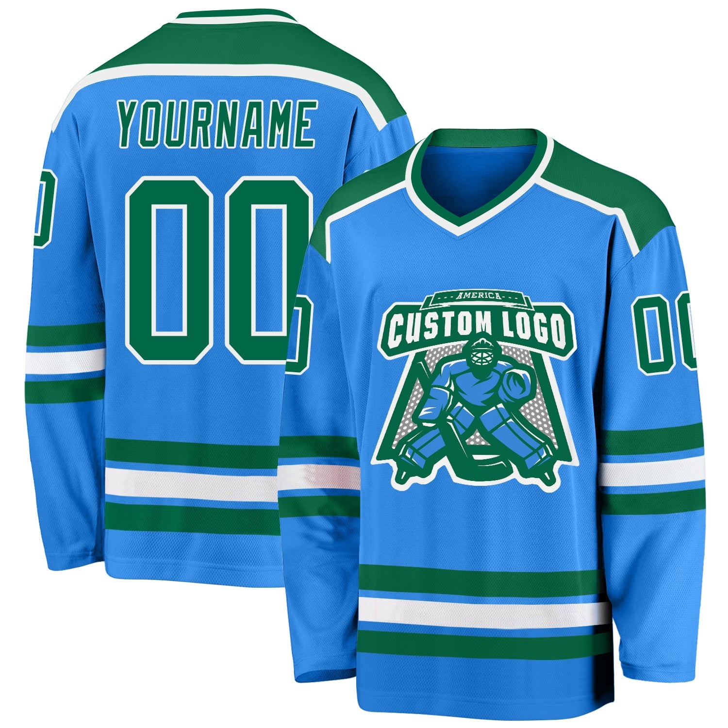 Custom Powder Blue Kelly Green-White Hockey Jersey - Main View