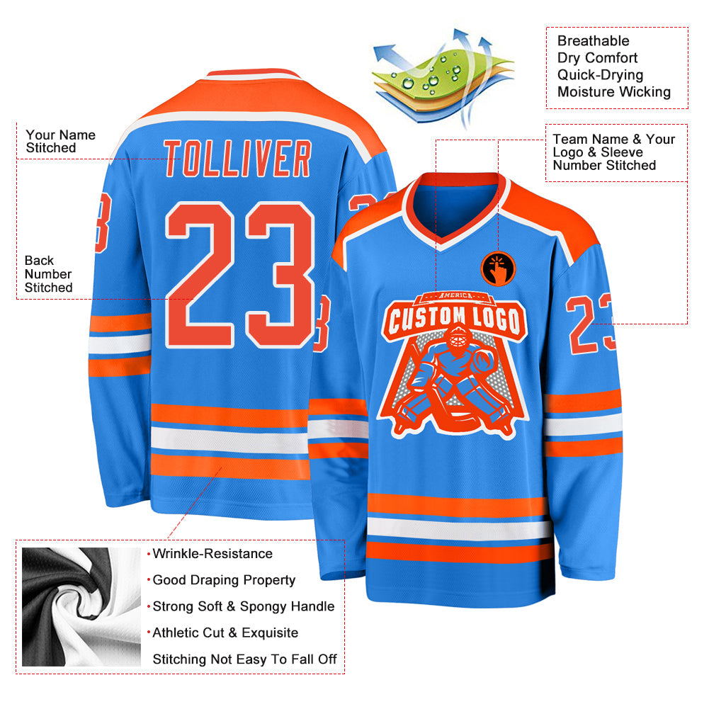 Custom Powder Blue Orange-White Hockey Jersey view 3