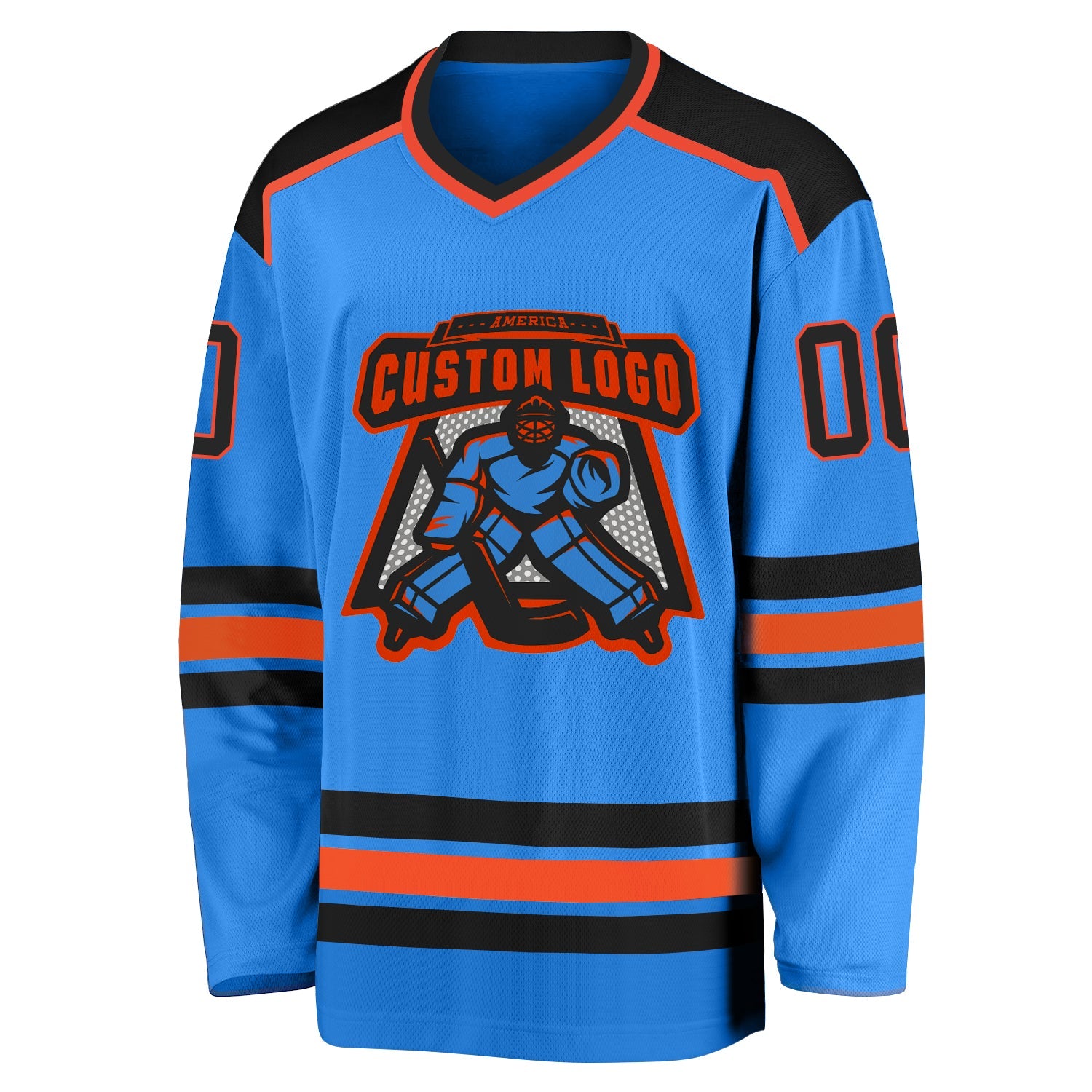 Custom Powder Blue Black-Orange Hockey Jersey view 2