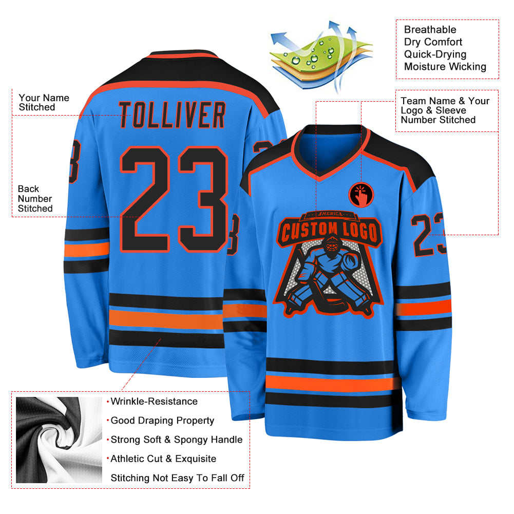 Custom Powder Blue Black-Orange Hockey Jersey view 3