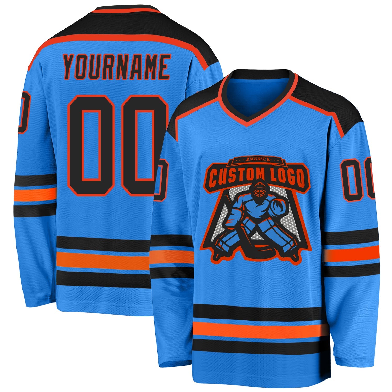 Custom Powder Blue Black-Orange Hockey Jersey - Main View
