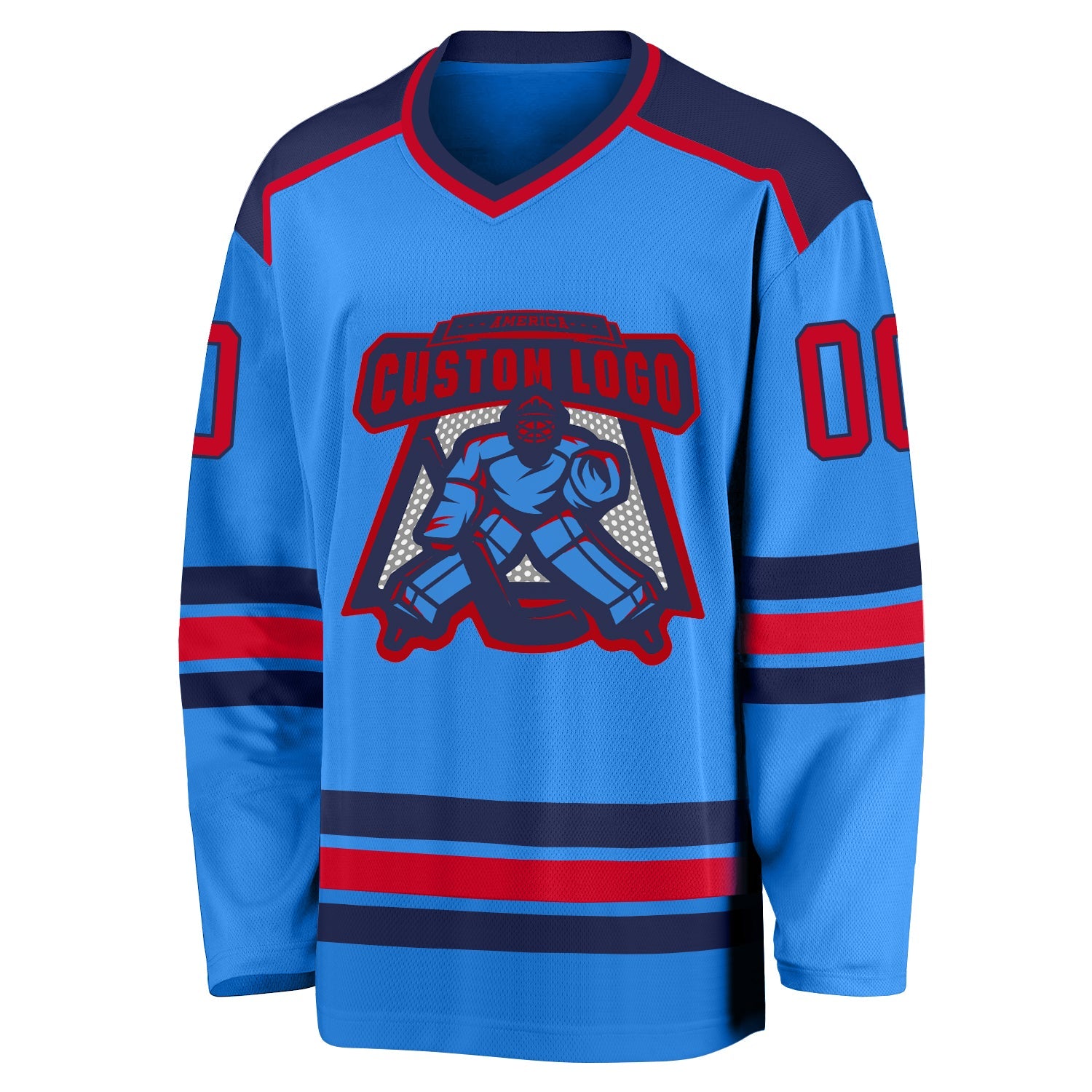 Custom Powder Blue Red-Navy Hockey Jersey view 2