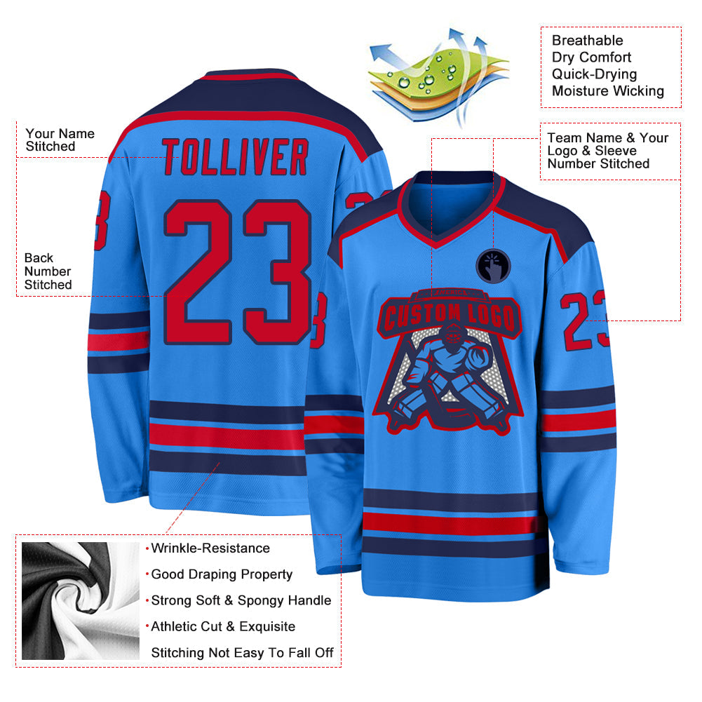 Custom Powder Blue Red-Navy Hockey Jersey view 3