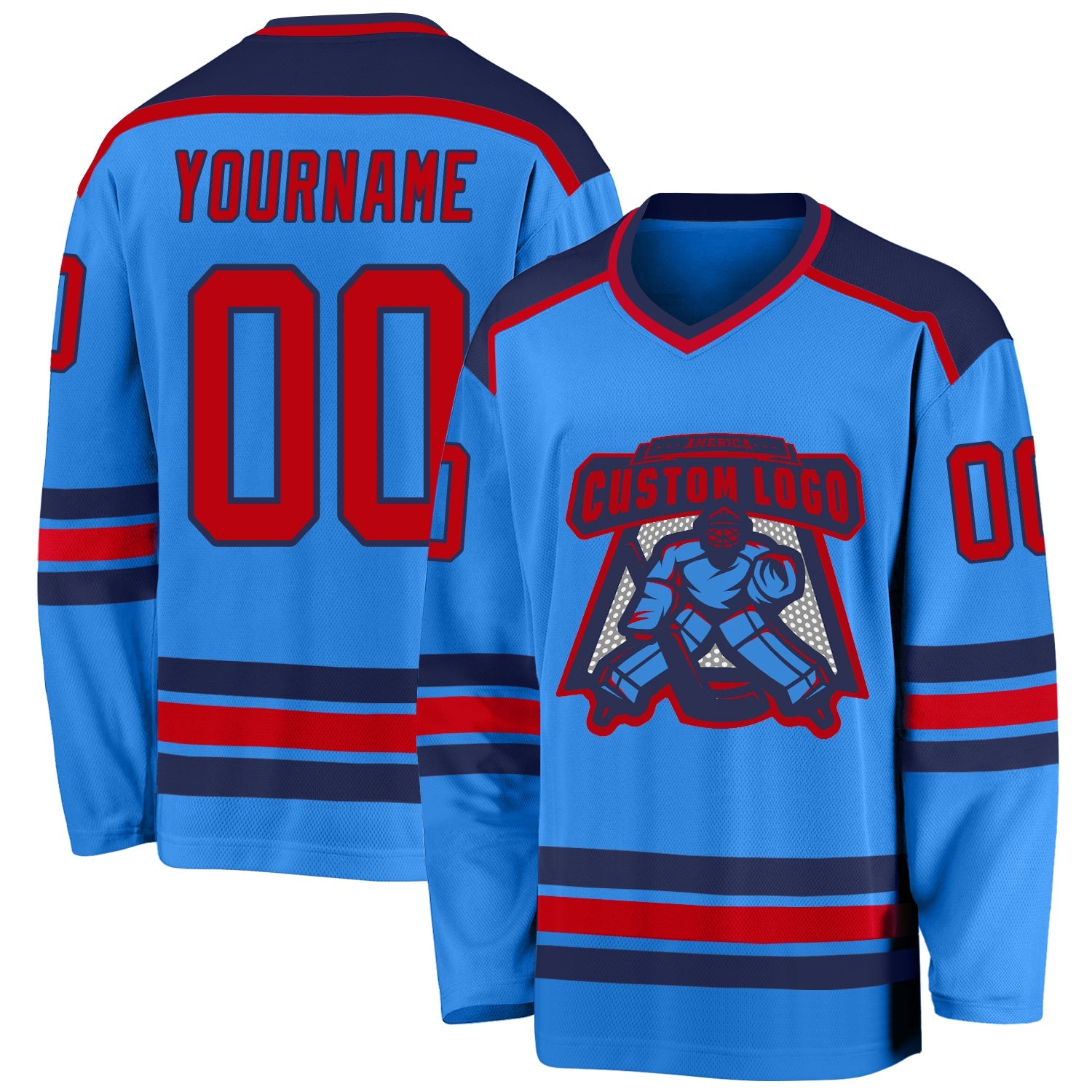 Custom Powder Blue Red-Navy Hockey Jersey - Main View