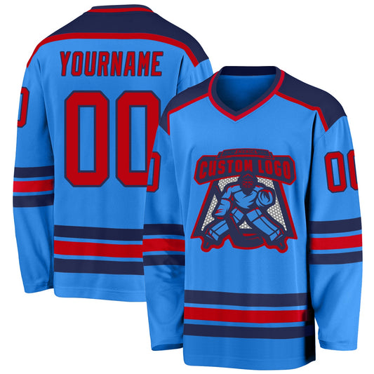 Custom Powder Blue Red-Navy Hockey Jersey - Main View