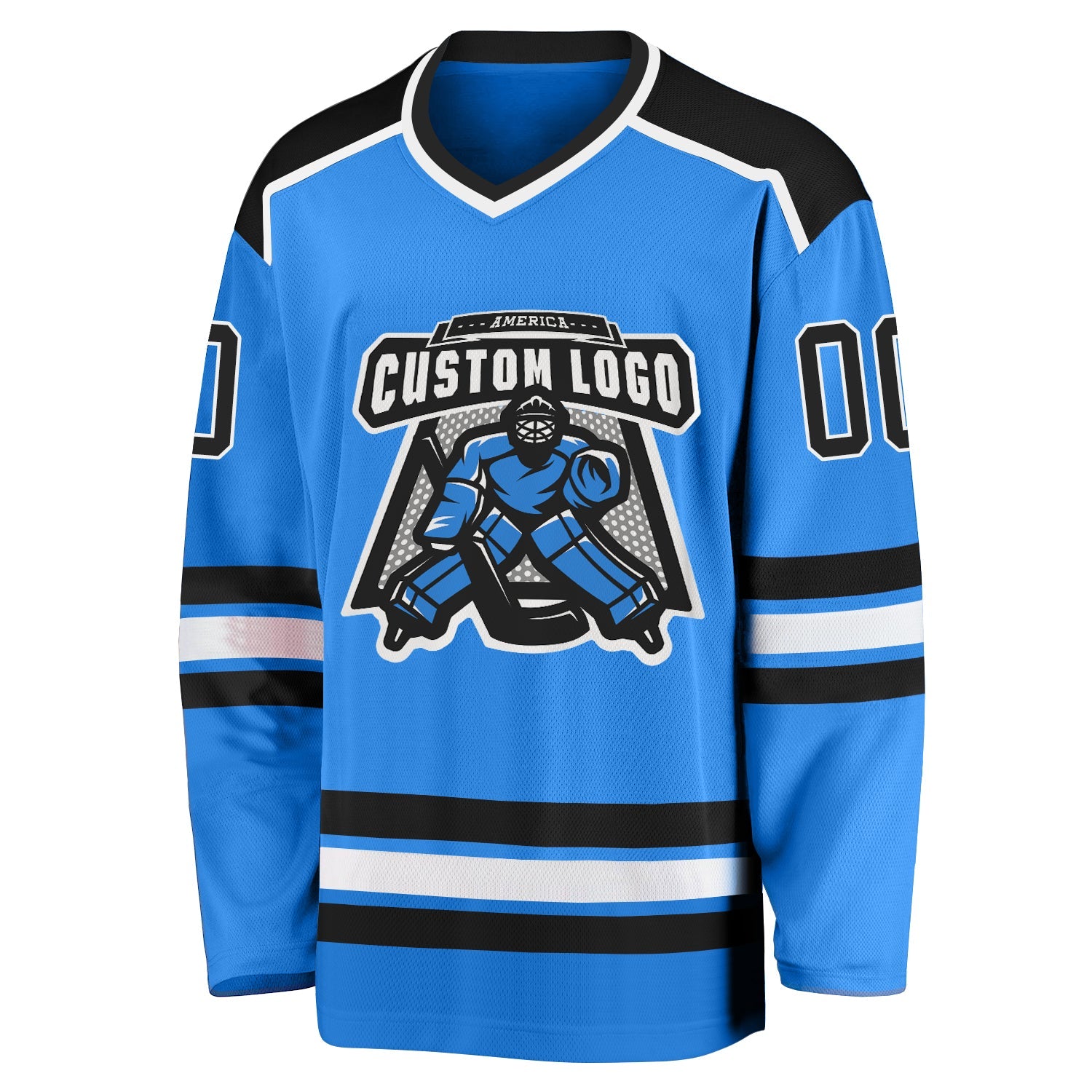 Custom Powder Blue Black-White Hockey Jersey view 2