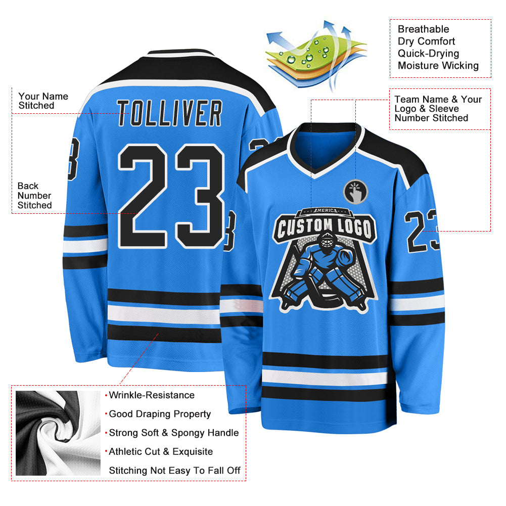 Custom Powder Blue Black-White Hockey Jersey view 3
