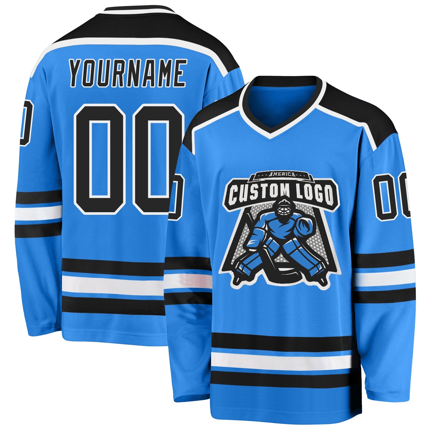 Custom Powder Blue Black-White Hockey Jersey - Main View