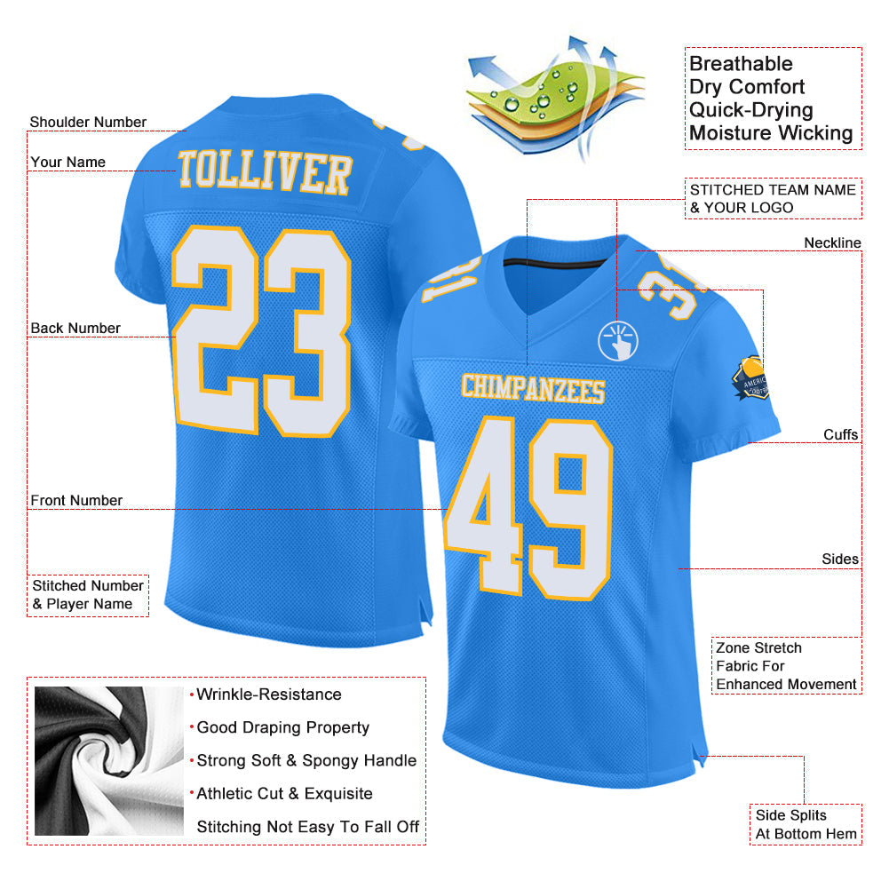 Custom Powder Blue White-Gold Mesh Authentic Football Jersey view 2