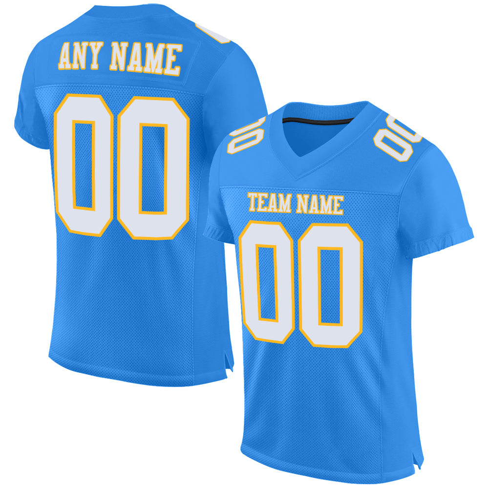 Custom Powder Blue White-Gold Mesh Authentic Football Jersey - Main View