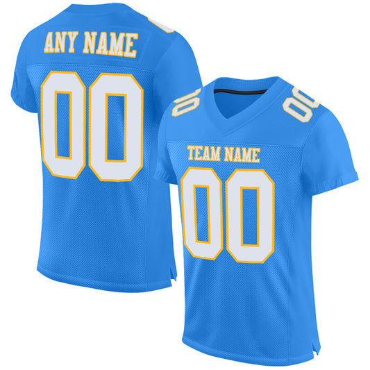 Custom Powder Blue White-Gold Mesh Authentic Football Jersey - Main View