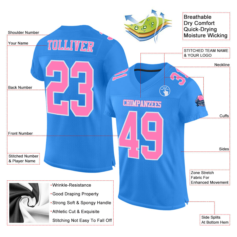 Custom Powder Blue Pink-White Mesh Authentic Football Jersey view 2