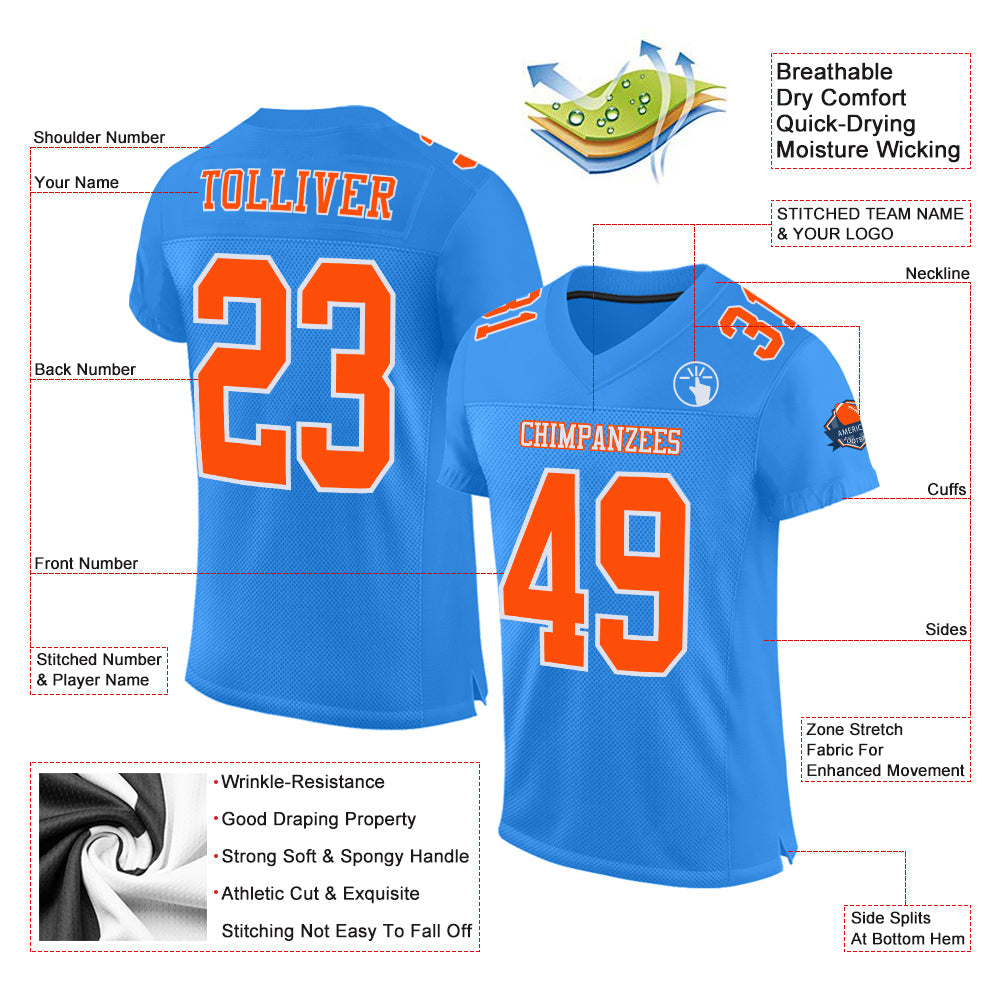 Custom Powder Blue Orange-White Mesh Authentic Football Jersey view 2