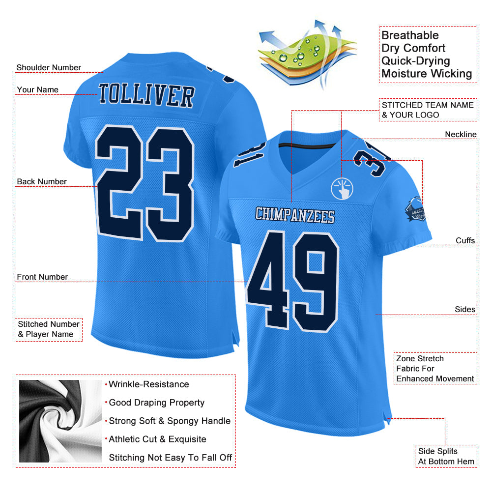 Custom Powder Blue Navy-White Mesh Authentic Football Jersey view 2