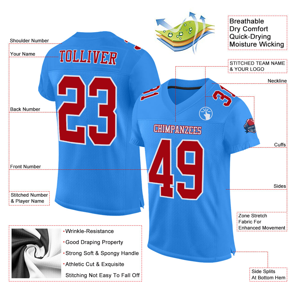 Custom Powder Blue Red-White Mesh Authentic Football Jersey view 2