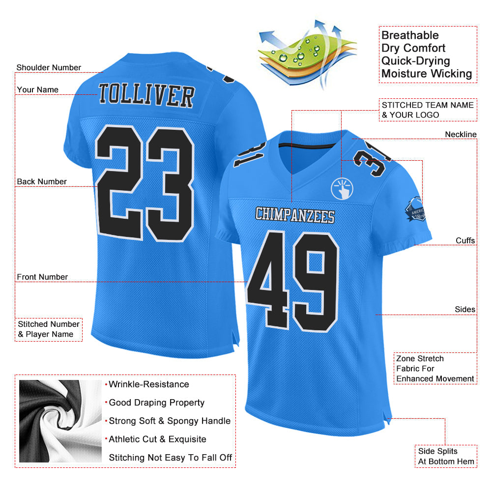 Custom Powder Blue Black-White Mesh Authentic Football Jersey view 2
