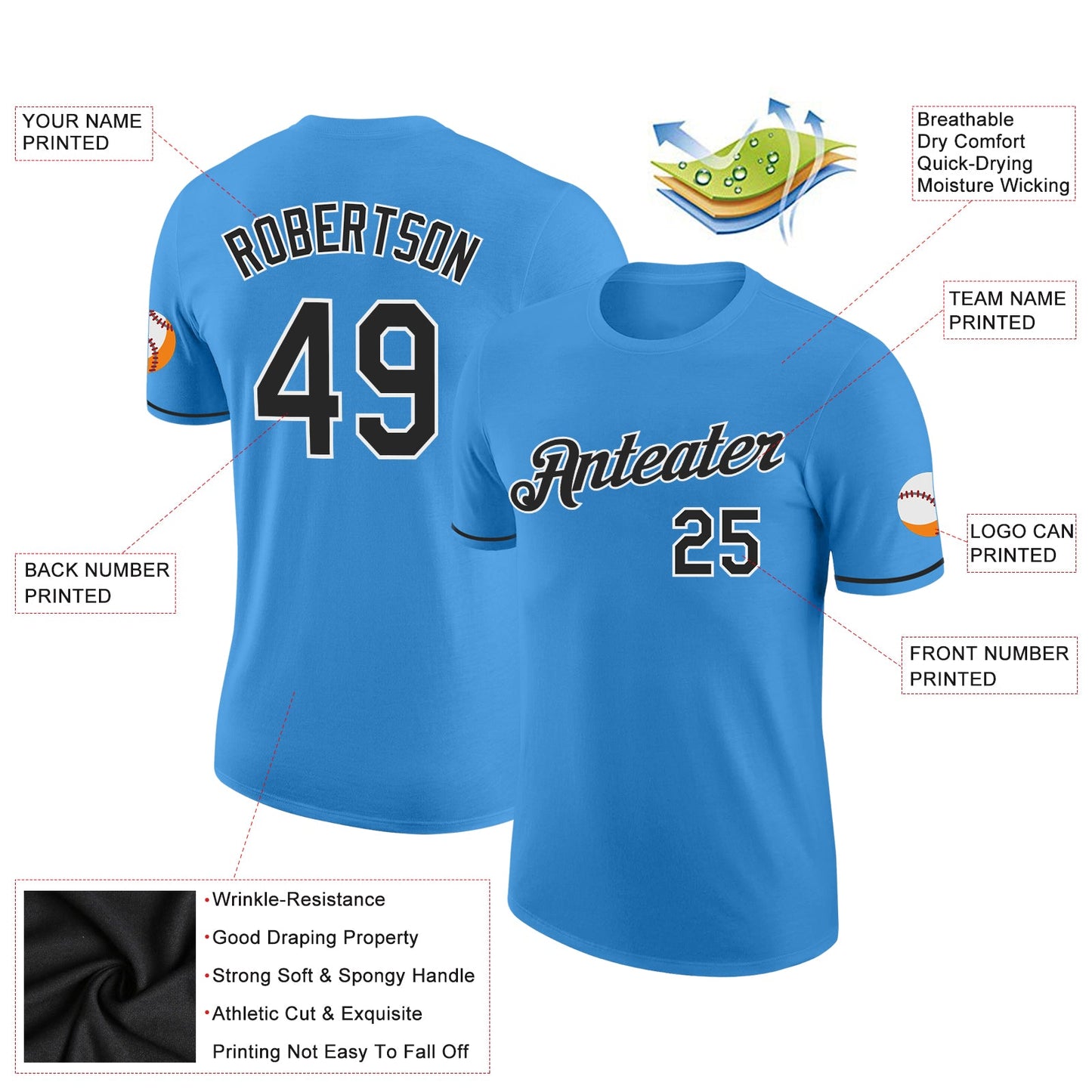 Custom Powder Blue Black-White Performance T-Shirt view 2