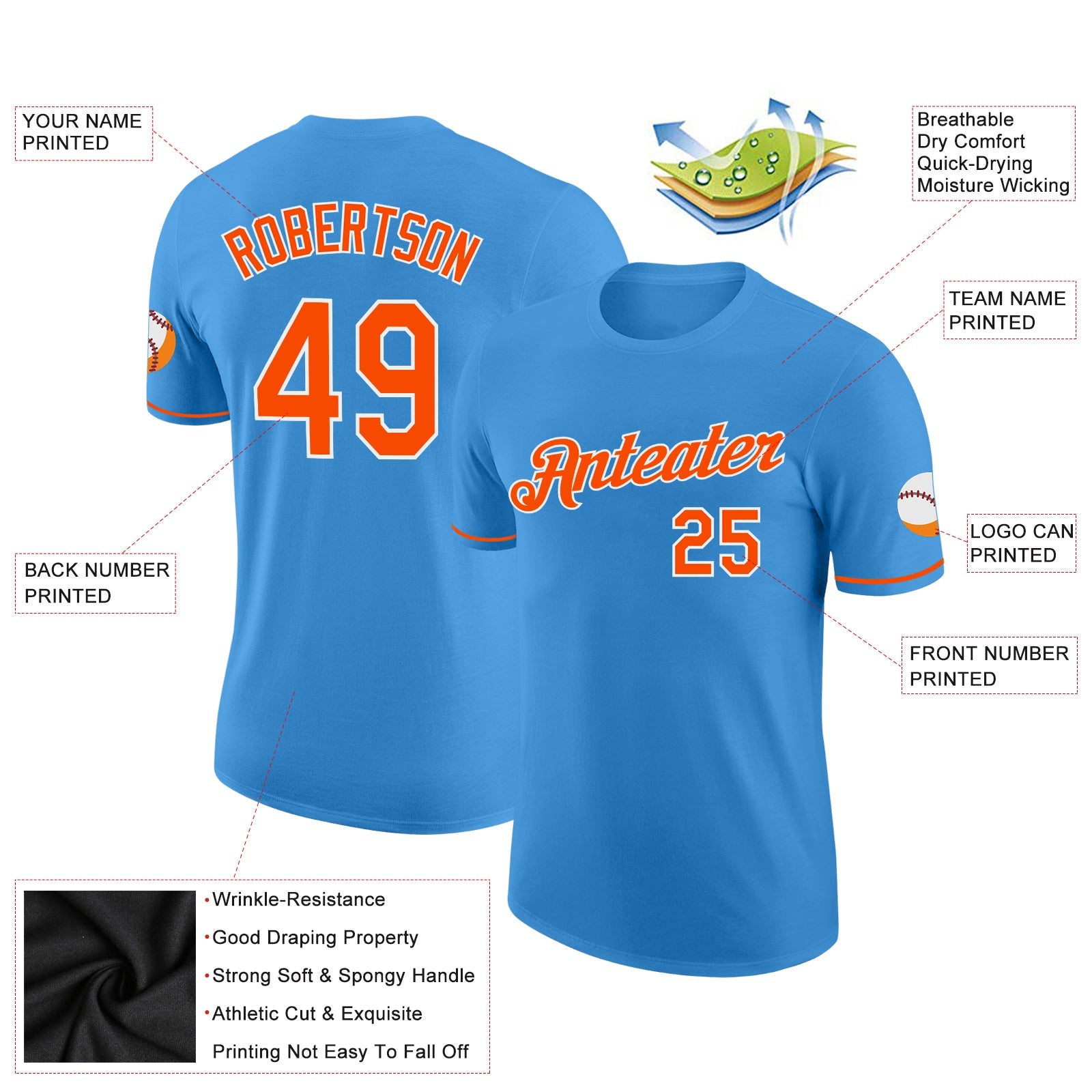 Custom Powder Blue Orange-White Performance T-Shirt view 2