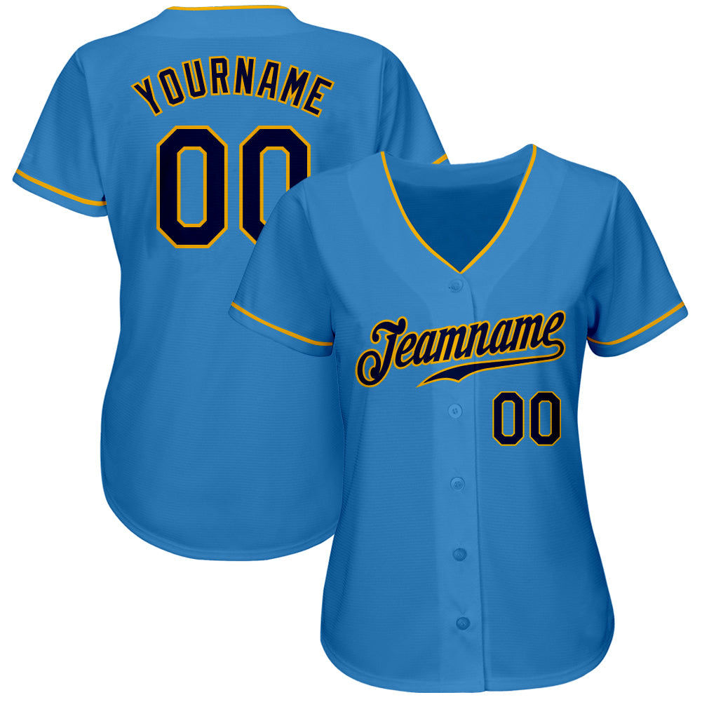 Custom Powder Blue Navy-Gold Authentic Baseball Jersey view 2