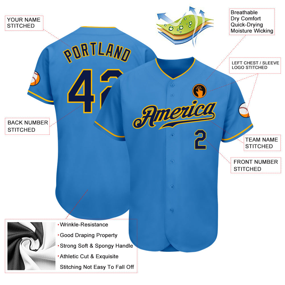 Custom Powder Blue Navy-Gold Authentic Baseball Jersey view 3