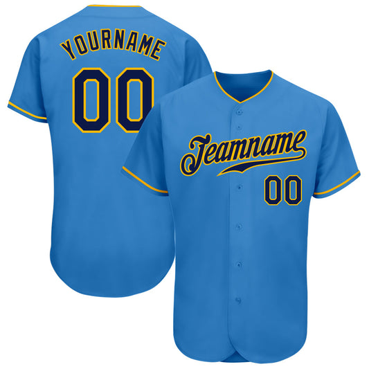 Custom Powder Blue Navy-Gold Authentic Baseball Jersey - Main View