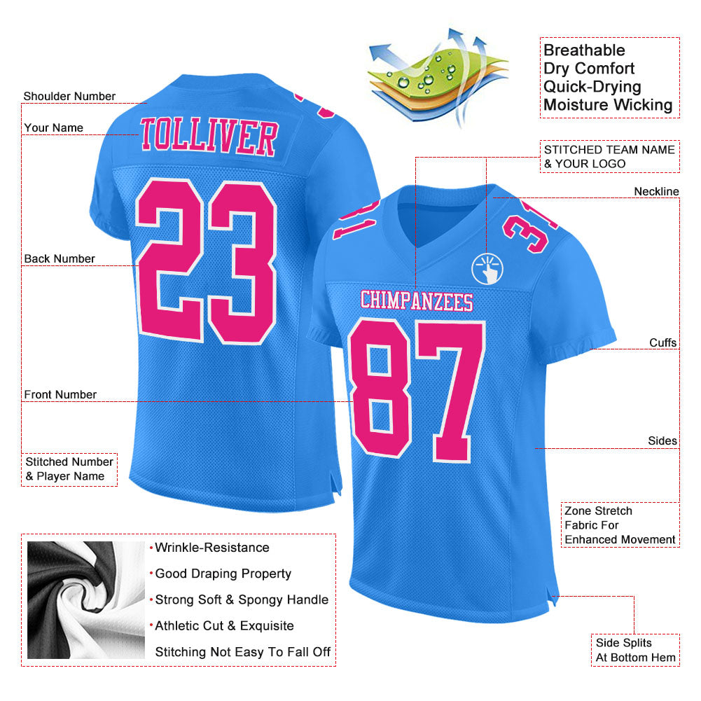 Custom Powder Blue Hot Pink-White Mesh Authentic Football Jersey view 2