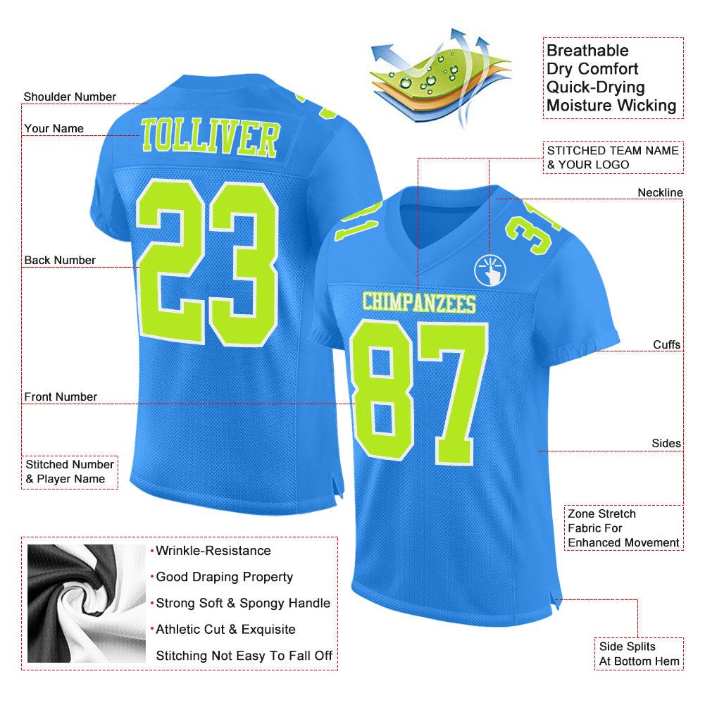 Custom Powder Blue Neon Green-White Mesh Authentic Football Jersey view 2