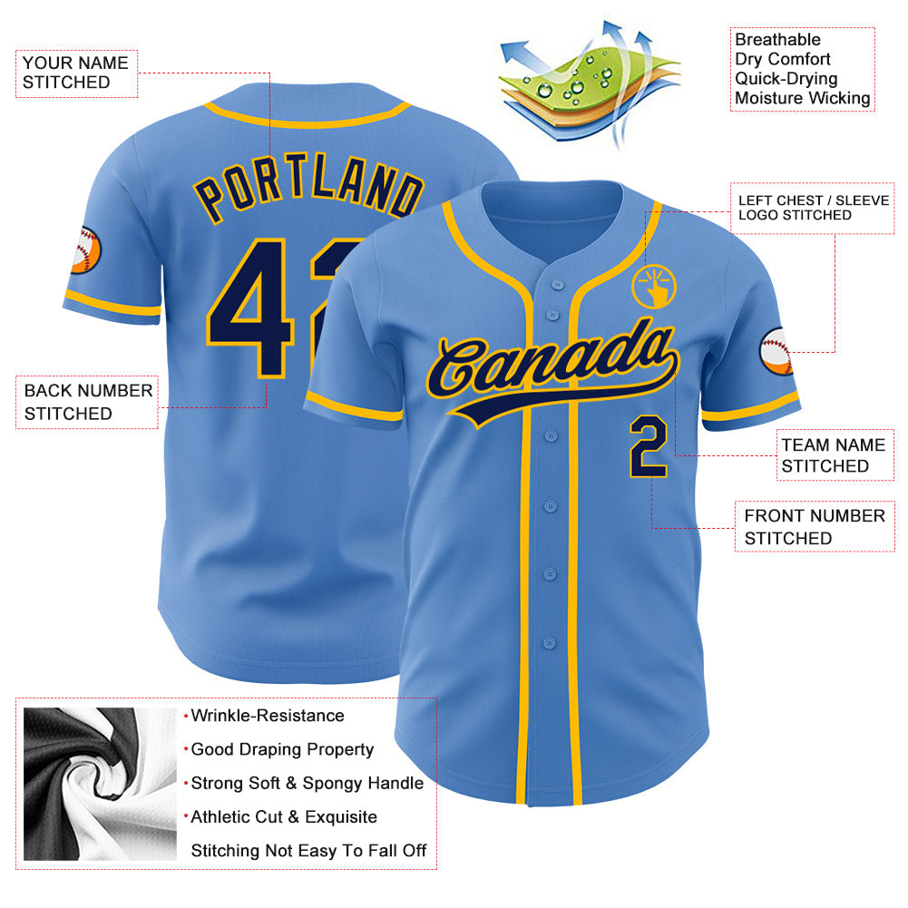 Custom Powder Blue Navy-Gold Authentic Baseball Jersey view 3