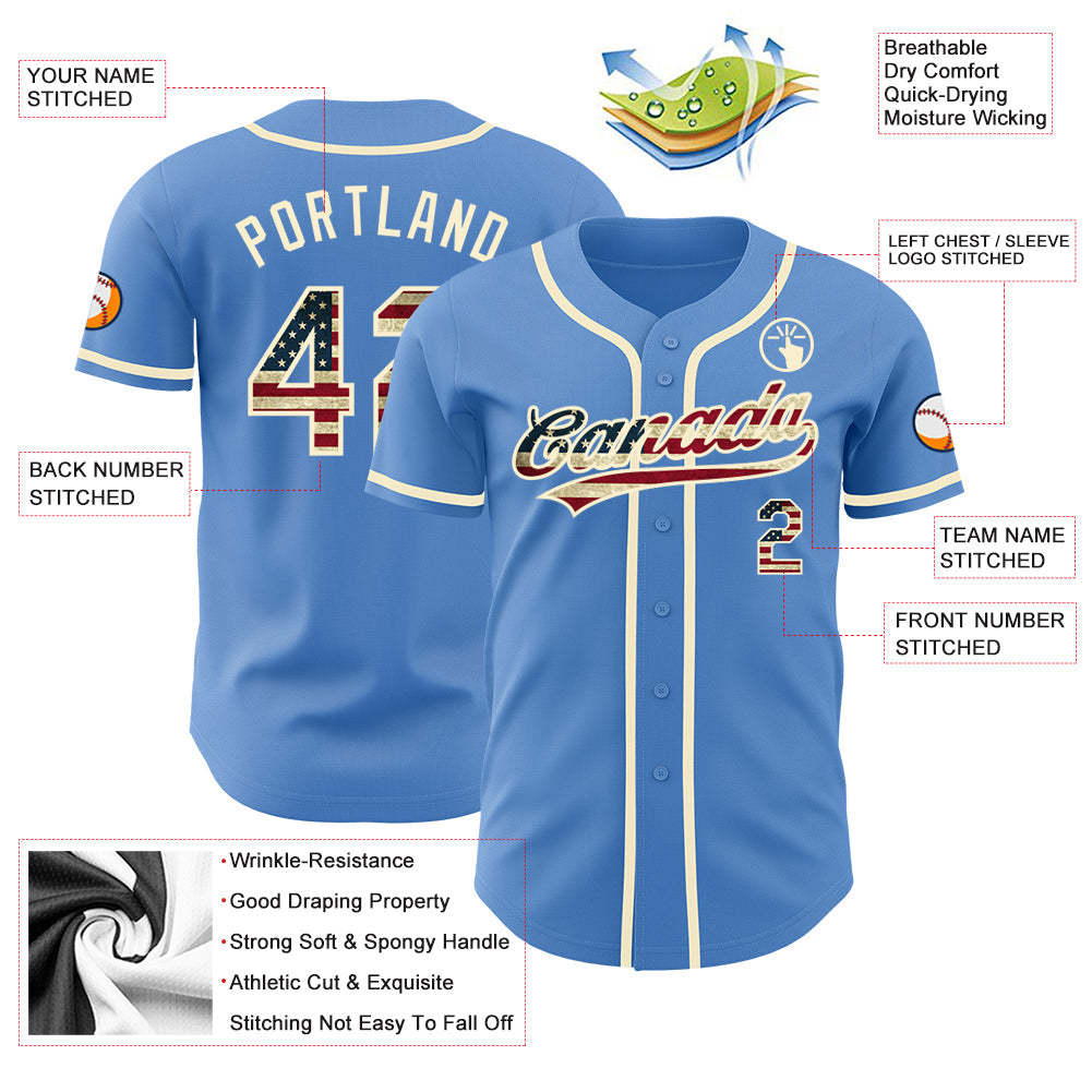 Custom Powder Blue Vintage USA Flag-Cream Authentic Baseball Jersey view 3