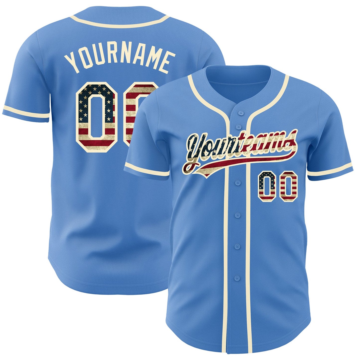 Custom Powder Blue Vintage USA Flag-Cream Authentic Baseball Jersey - Main View