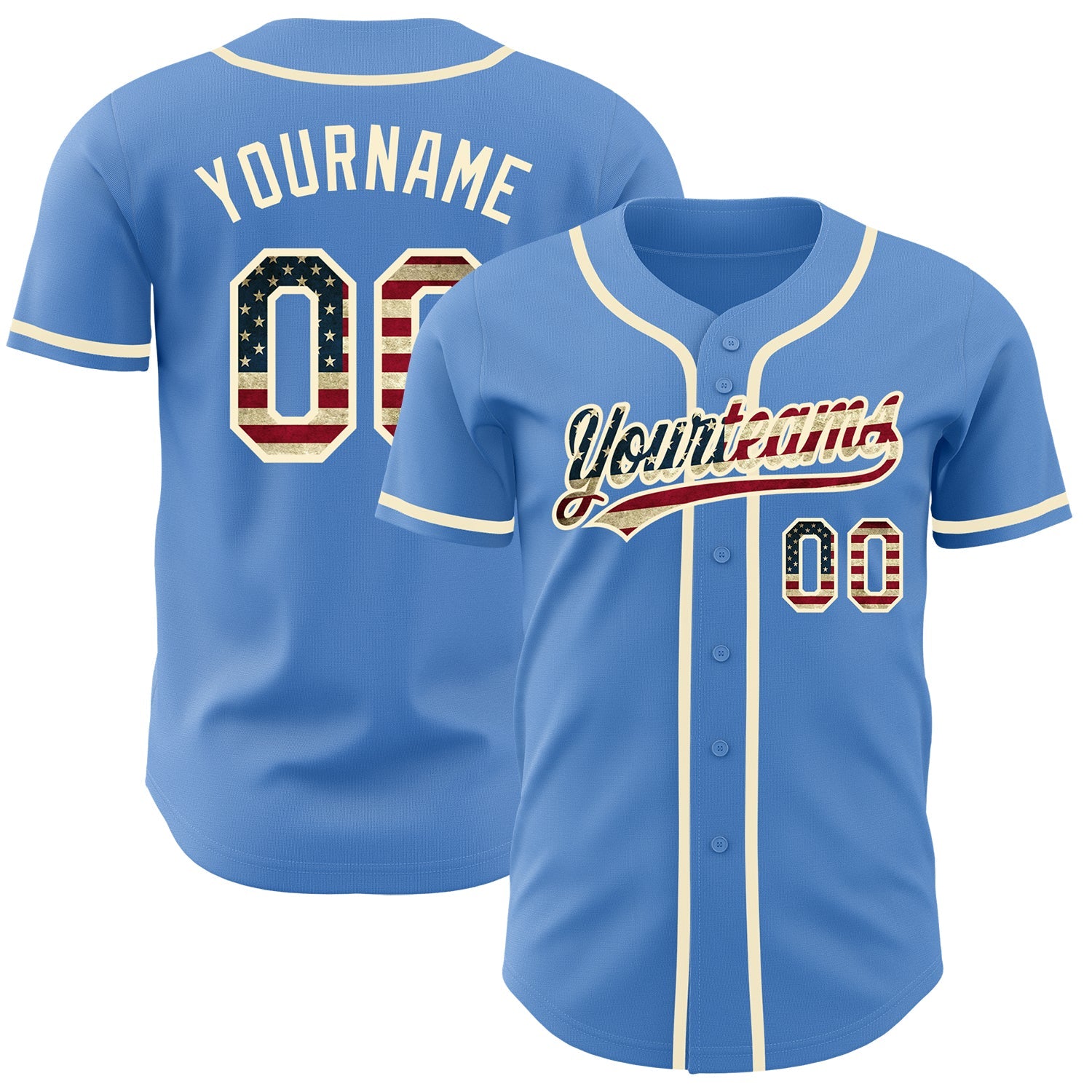 Custom Powder Blue Vintage USA Flag-Cream Authentic Baseball Jersey - Main View