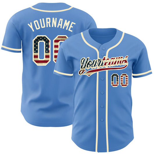 Custom Powder Blue Vintage USA Flag-Cream Authentic Baseball Jersey - Main View