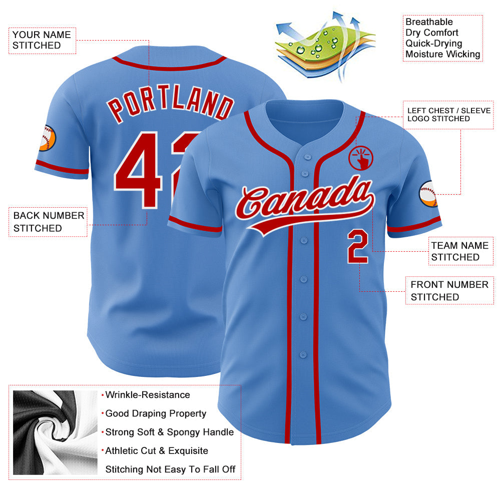Custom Powder Blue Red-White Authentic Baseball Jersey view 4