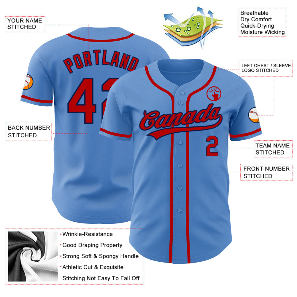Custom Powder Blue Red-Navy Authentic Baseball Jersey view 3