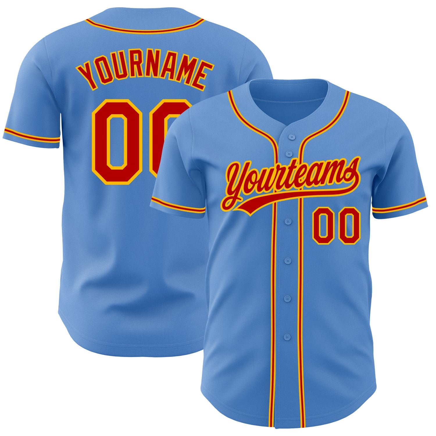 Custom Powder Blue Red-Gold Authentic Baseball Jersey - Main View