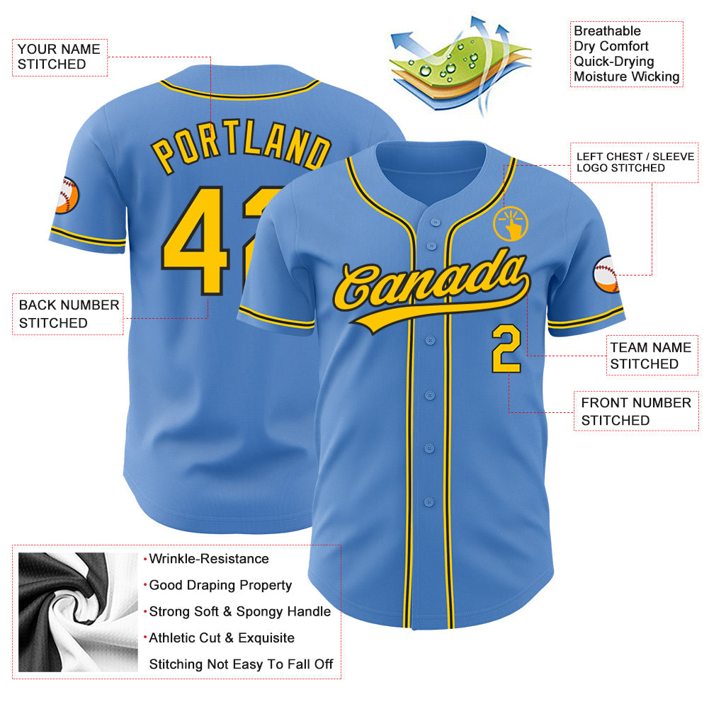 Custom Powder Blue Yellow-Black Authentic Baseball Jersey view 3