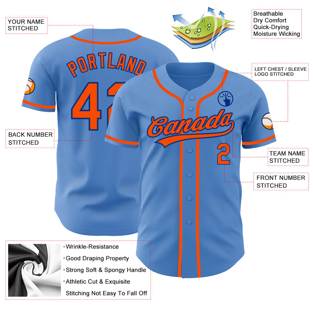Custom Powder Blue Orange-Royal Authentic Baseball Jersey view 3