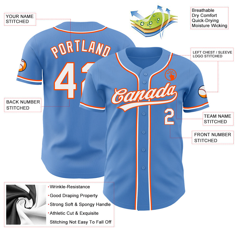 Custom Powder Blue White-Orange Authentic Baseball Jersey view 3