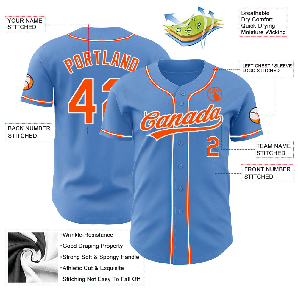 Custom Powder Blue Orange-White Authentic Baseball Jersey view 3