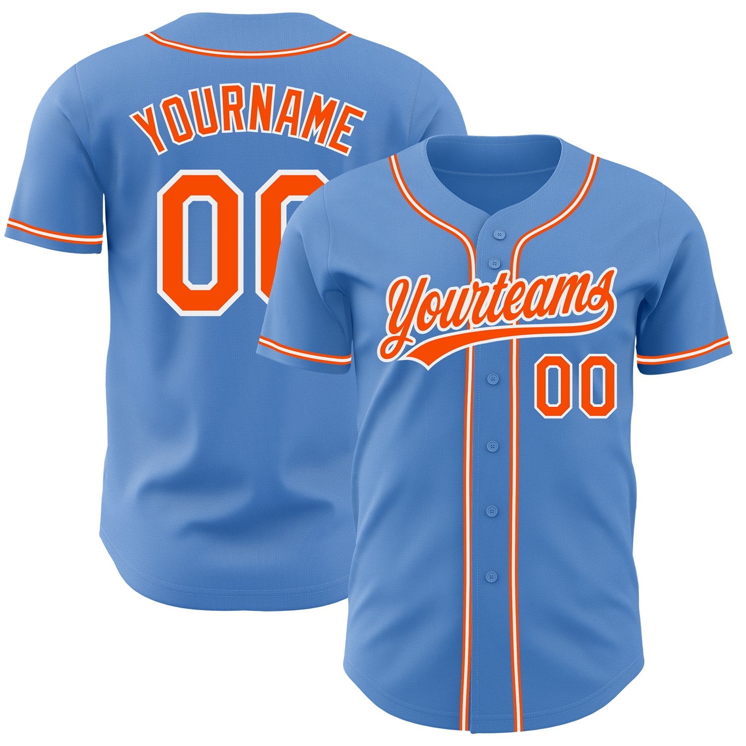 Custom Powder Blue Orange-White Authentic Baseball Jersey - Main View