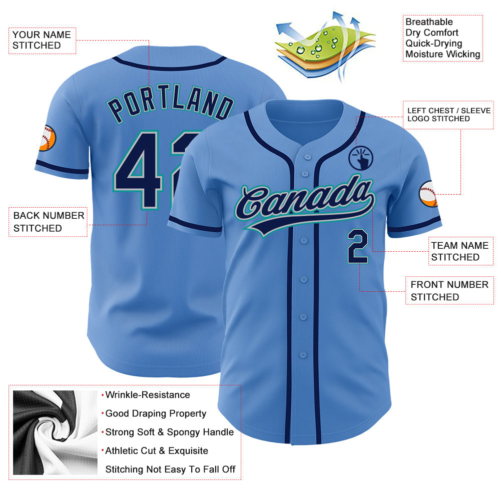 Custom Powder Blue Navy Gray-Teal Authentic Baseball Jersey view 3