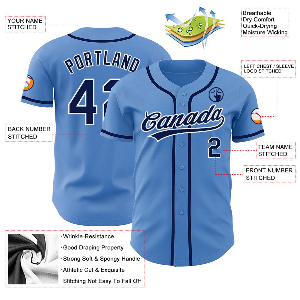 Custom Powder Blue Navy-White Authentic Baseball Jersey view 3