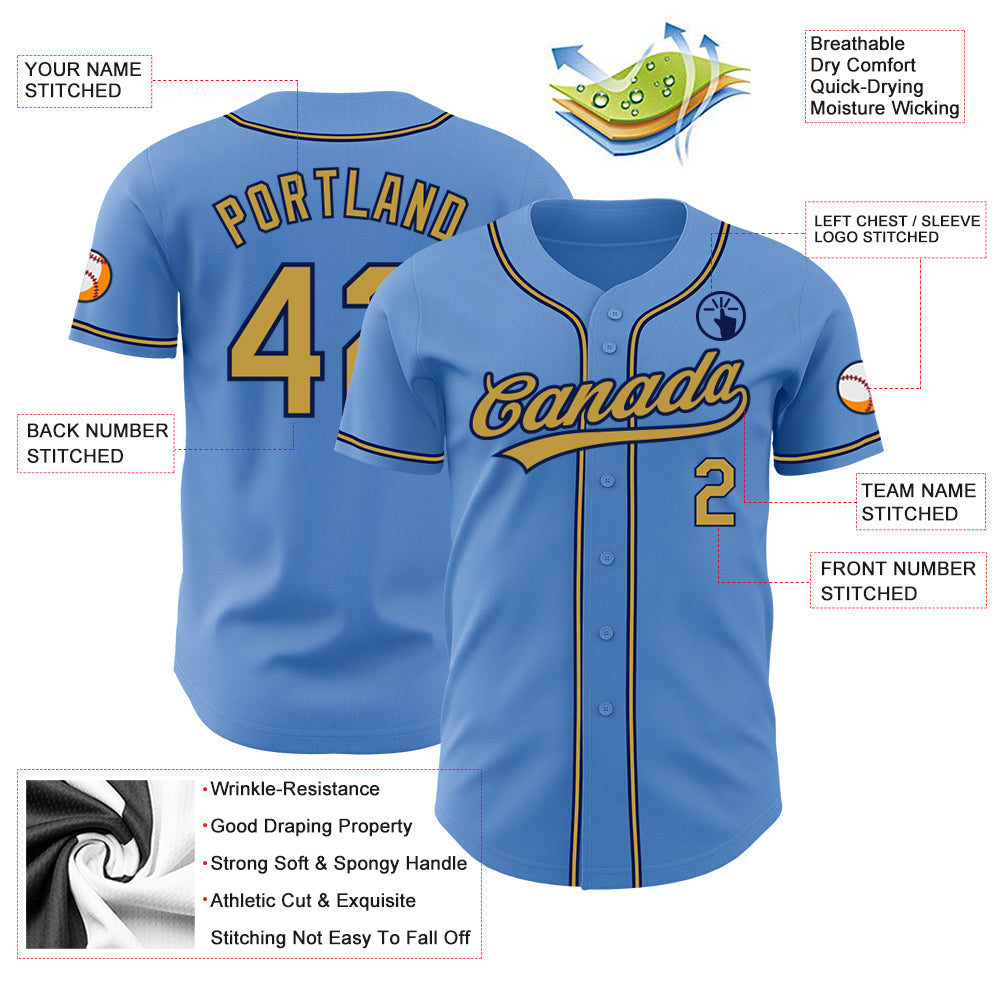 Custom Powder Blue Old Gold-Navy Authentic Baseball Jersey view 3