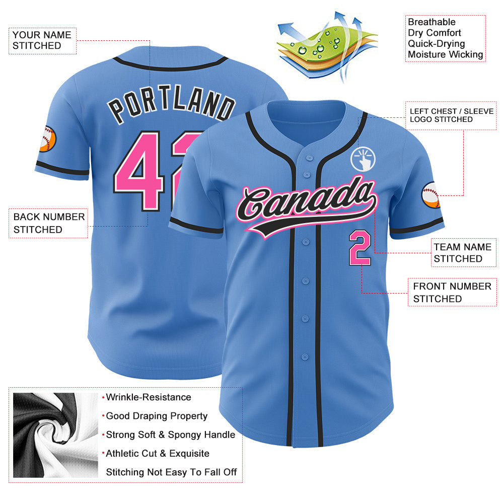 Custom Powder Blue Pink-Black Authentic Baseball Jersey view 3